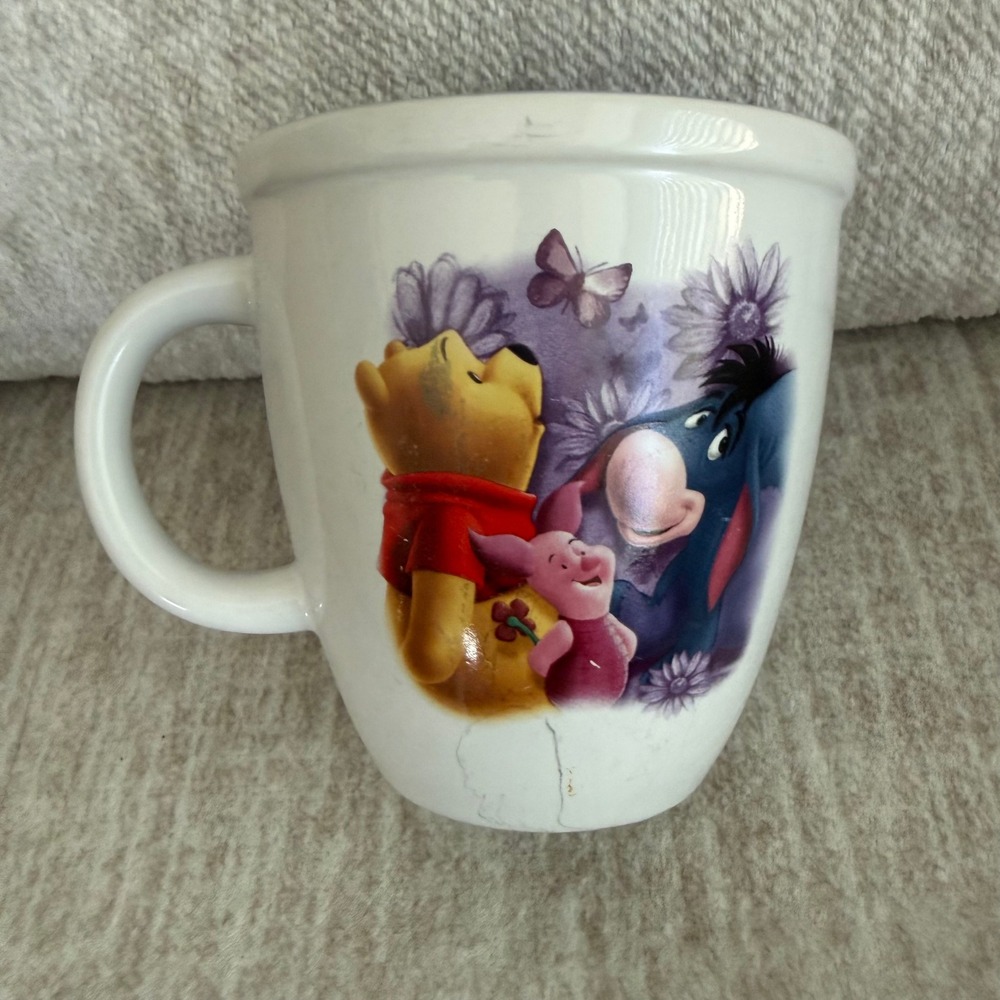 Disney Store Winnie the Pooh Piglet Eeyore Coffee Mug White Purple Interior